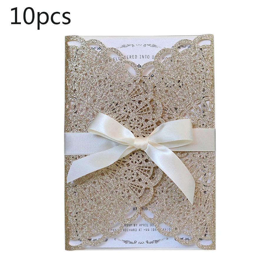  10pcs Gold Glitter Paper Laser Cut Wedding Invitation Card With Ribbon Personalized Wedding Decor P - 4.00035E+12