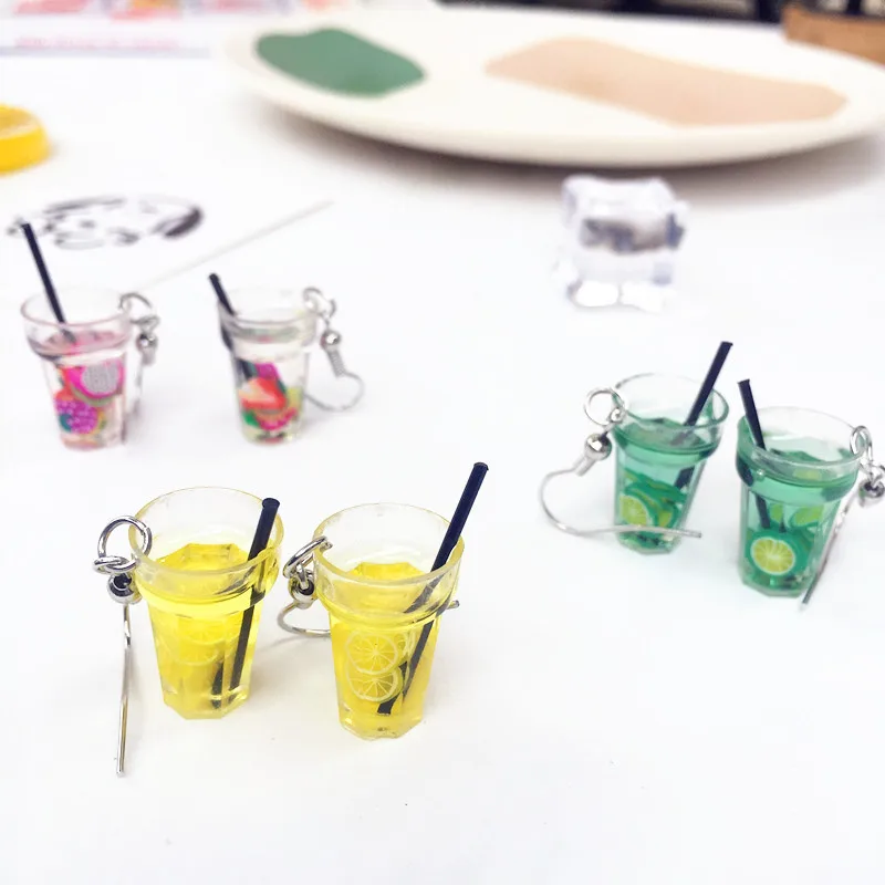 Cute Fruit Tea Dangle Earrings Funny Yellow Green Lemon Drink Cup Drop for Women Girl Children Jewelry Creative Gift | Украшения и