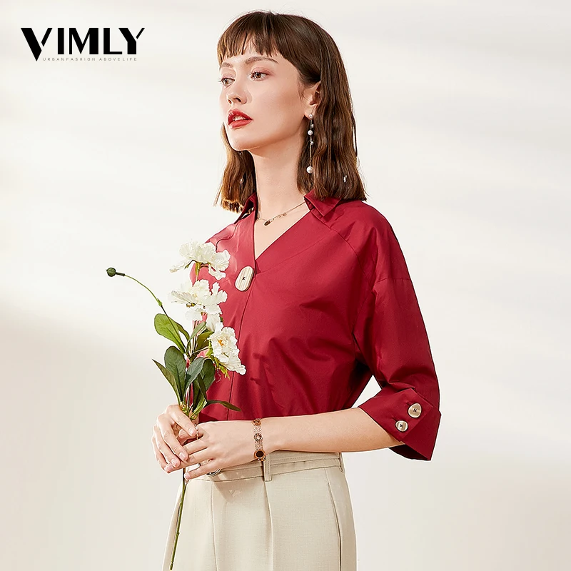 Vimly элегантные женские хлопковые блузки рубашки офисные однотонные повседневные