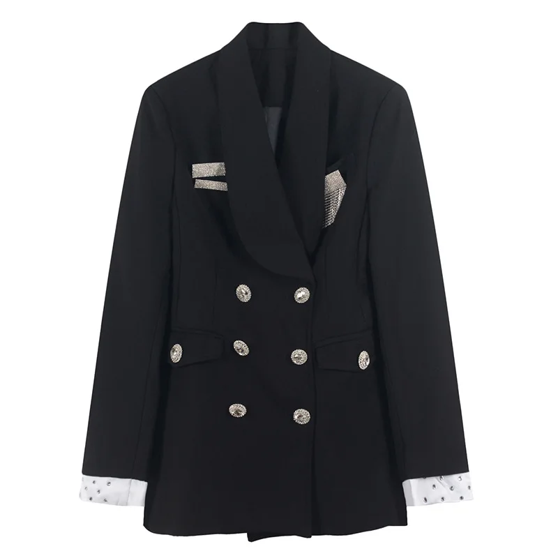 

2018 Autumn New Style CHIC Hong Kong Style Black Turn-down Collar Man-made Diamond Brooch Coat Waist Hugging Versatile Suit Jack
