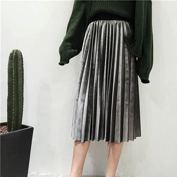 

2020 Autumn Women Pleated Skirt Elegant High Waist Women Long Skirt Ladies Metallic Shiny Ankle-Length Maxi Skirt