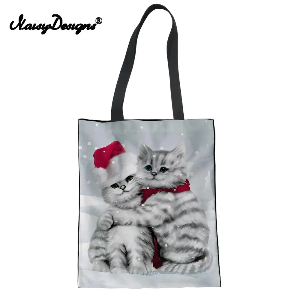 Модная Экологичная холщовая хозяйственная сумка для женщин с милым рисунком кота, многоразовые сумки на плечо, Повседневная Большая Льняная сумка для женщин