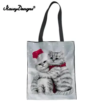 

Fashion Eco-friendly Canvas Shopping Bag for Women Cute Cat Pattern Printing Reusable Shoulder Bags Casual Large Linen Tote Lady