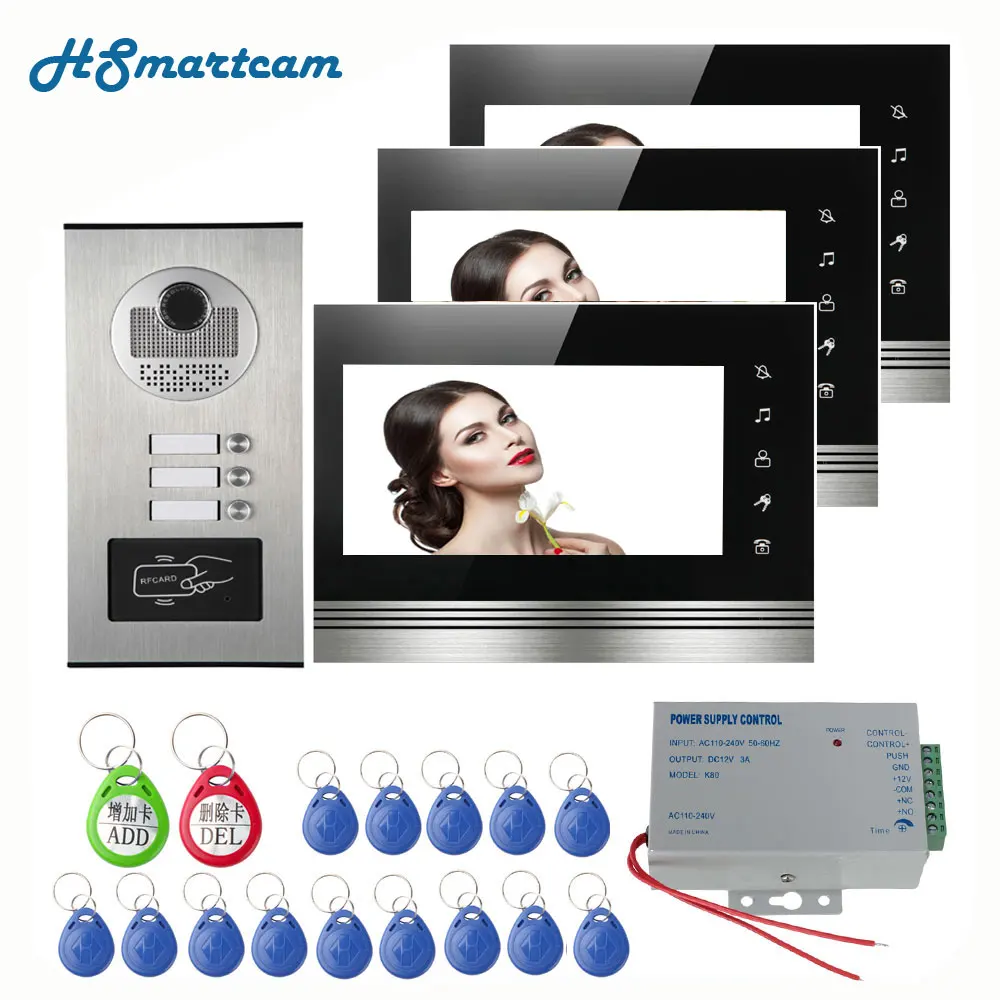 유선 홈 컬러 모니터 아파트 유선 비디오 도어 폰 RFID HID 카드, 오디오 비주얼 인터콤 시스템, 7 인치