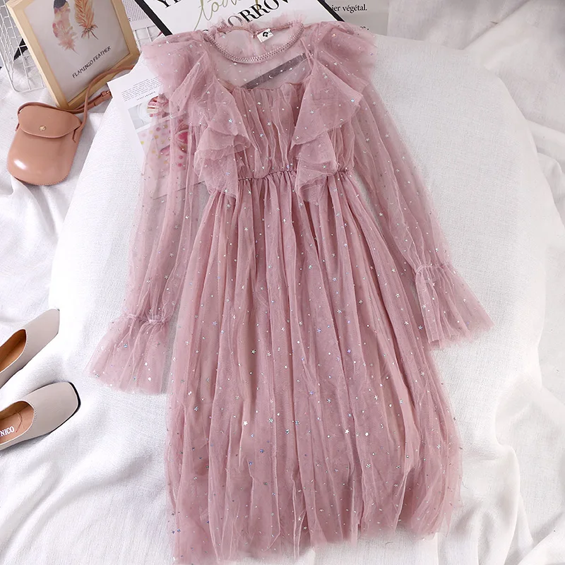 Women Fashion Dress 2 шт. женское блестящее платье с расклешенными рукавами, сетчатая Вуаль со звездами, плиссированное платье с оборками винтажное эластичное тонкое платье-пуловер миди - Цвет: Women Fashion Dress