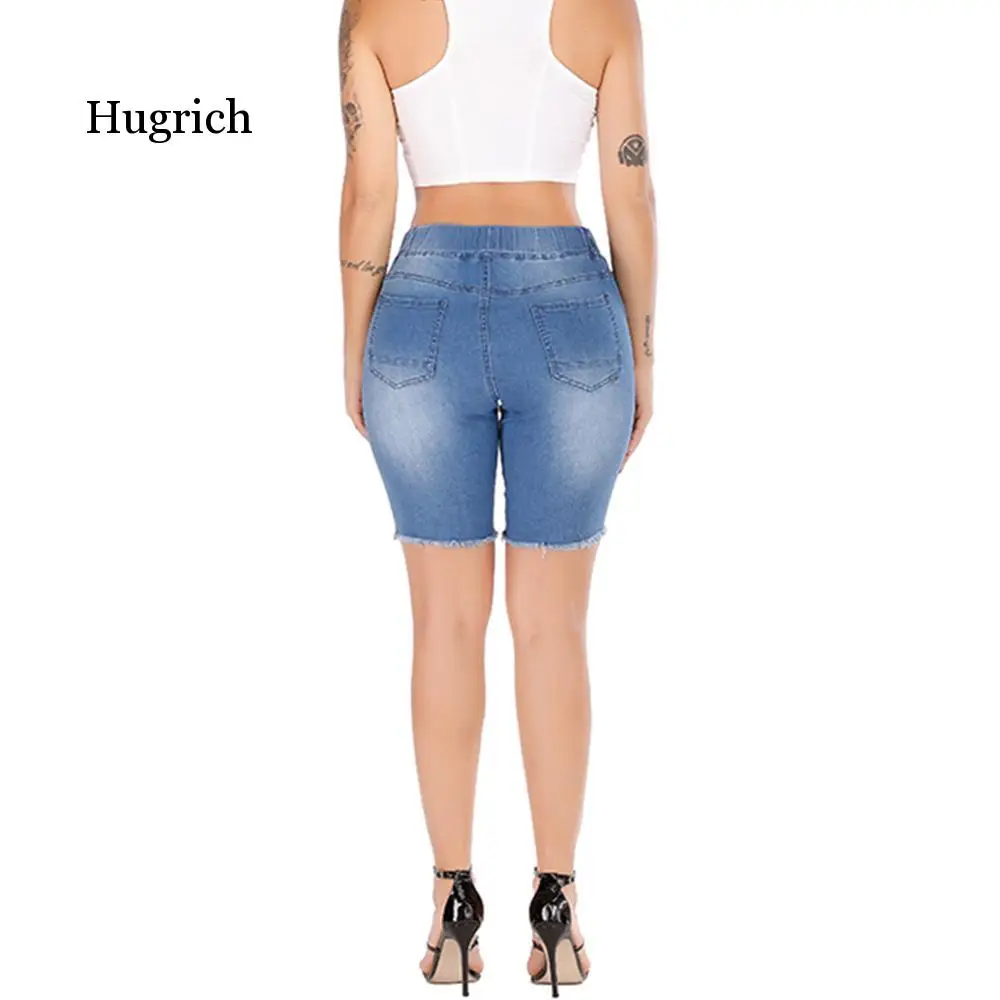 Summer Denim Ripped Bermuda Shorts Women Blue Drawstring Closure Distressed Knee Length Stretch Short Jeans