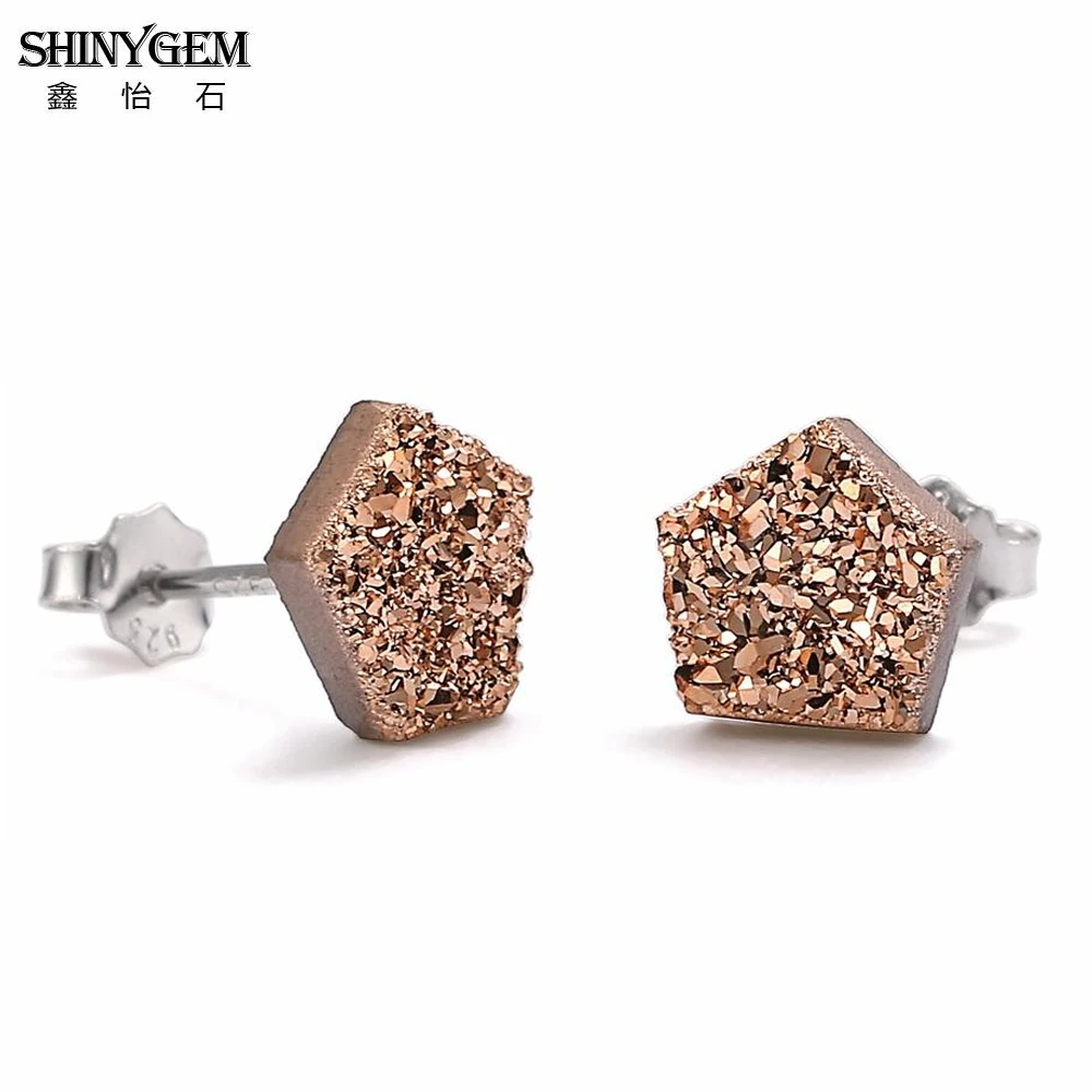 

ShinyGem 07-09mm Irregular Small Natural Sparkly Crystal Druzy Stud Earring Real Silver Needle Opal Stone Earrings For Women