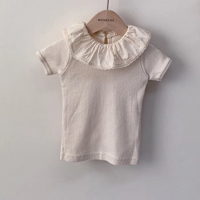 Verão Novo Bebê Babados Colarinho Manga Curta Bodysuit Rendas Macacão ou Crianças Camiseta Meninas Pullovers Topos 3494 7 High Quality Mamãe e Bebê