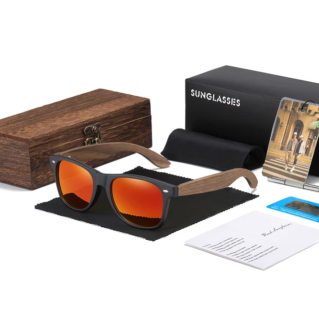 GM Brand Walnut Wooden Polarized Men's Sunglasses Square Frame Sun glasses Women Sun glasses Male Oculos de sol Masculino S7061h Red Square Box