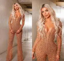 Robe De soirée Sexy pour femmes, combinaison avec perles, col en V, manches longues, sur mesure, 2020