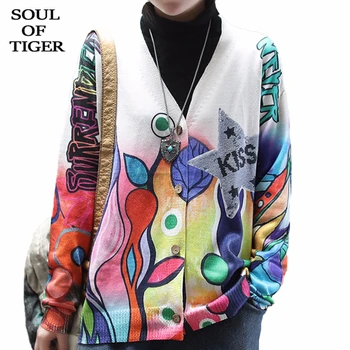

SOUL OF TIGER 2020 Spring Korean Fashion Deisgner Ladies Loose Clothes Women Casual Printed Sweaters Vintage Oversized Cardigans