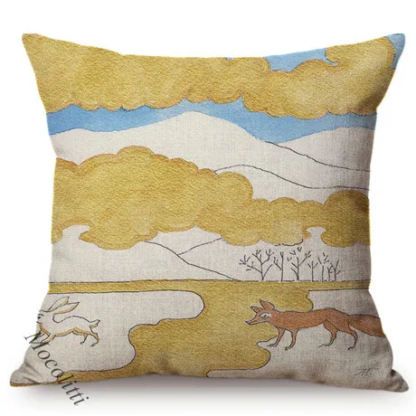 Impressionism Oil Painting Golden Riverside Forest Scenery Pattern Sofa Throw Pillows Sika Deer Rabbit Decorative Cushion Cover M189-6