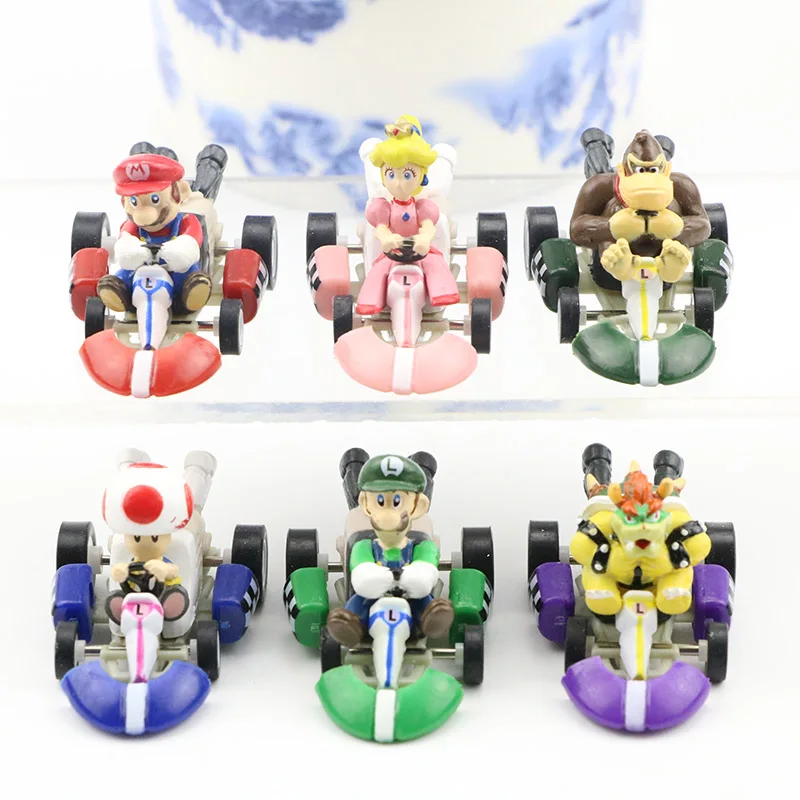 

6pcs/set PVC Action Figure Super Mario Bros Kart Pull Back Car Mario Luigi Yoshi Toad Mushroom Mini Collection Model Toys Gifts