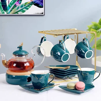 

Nordic Housing Ceramic Cofee Tea Cup Saucers Set With Glass Teapot Holder Porcelain Candle Heaten Base Flower Afternoon Tea Set