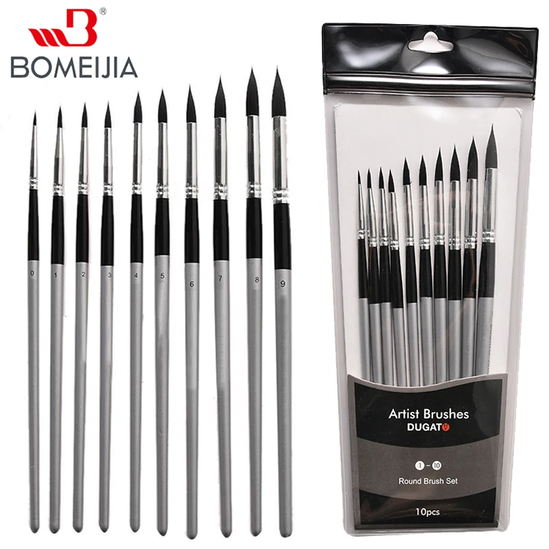 10pcs Round Paint Brush Set Pointed Tip Soft Black Hair Artist Brush for  Water Color Acrylic