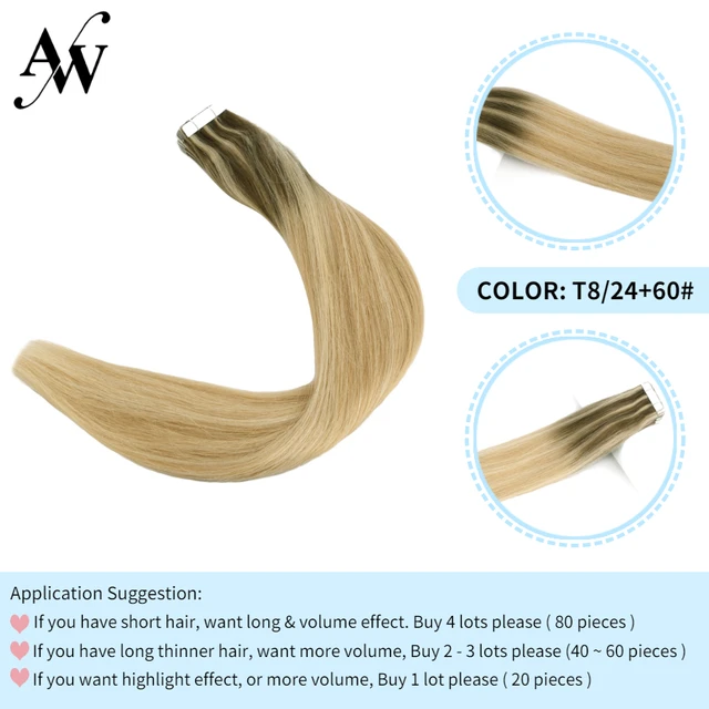 AW 12''-28'' Tape In Human Hair Extensions Straight Seamless Invisible Natural Machine Made Remy Adhesive Glue On Hair Extension T824-60