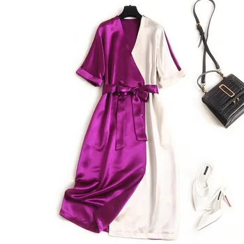 

Elegant Office Lady silk Dress 2020 Chiffonshort Sleeve Split Hem Lace Stitching High Waist Matching Belt Party Dress Women