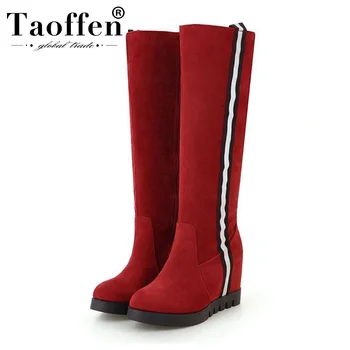

Taoffen 2020 Brand Ladies Zipper Wedges Knee High Boots Winter Fashion Warm Fur Long Boots Casual Office Work Shoes Size 34-43