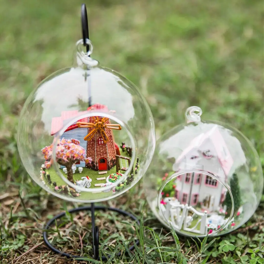G014 DIY ручной работы мини голландская ветряная мельница стеклянный шар Кукольный дом сборка деревянный милый кукольный домик подарок светодиодный светильник ландшафтное украшение