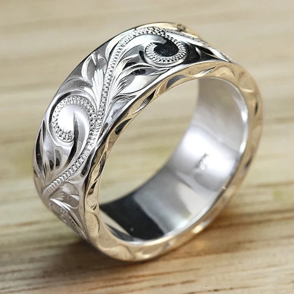 Huitan New Trendy Engraved Flower Leaf Pattern Women Wedding Band Rings Romantic Accessories for Lover Versatile Fashion Jewelry