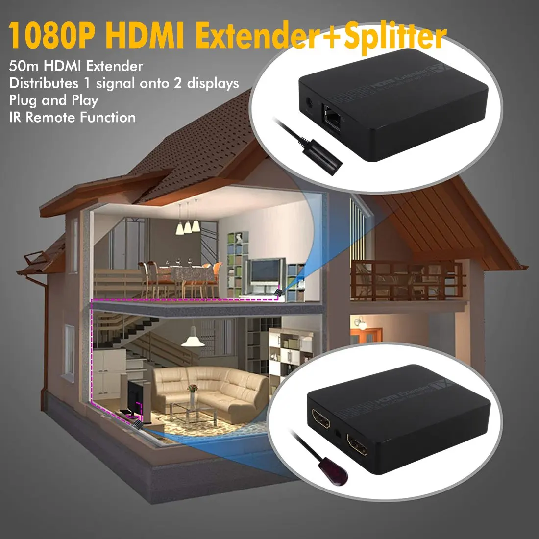 Удлинитель-расширитель HDMI с ИК-передатчик и приемник HDMI CAT5/6/7 удлинитель для головок 2 Порты и разъёмы Разделитель с мультимедийным интерфейсом высокой четкости петля HD 1080P HDMI; Ethernet E
