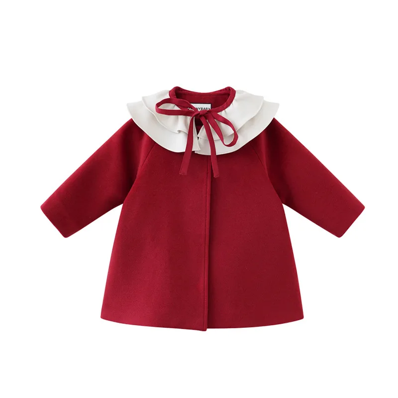Детская одежда красная одежда на Рождество и год шерстяное пальто с воротником в виде листьев лотоса для маленьких девочек и бархатное Детское пальто