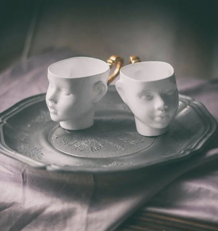 

200ml Drinking Ceramic Mug Face Styling Exquisite Custom Gold Handle Black Coffee Cup and Saucer Wedding Gift Free Shipping