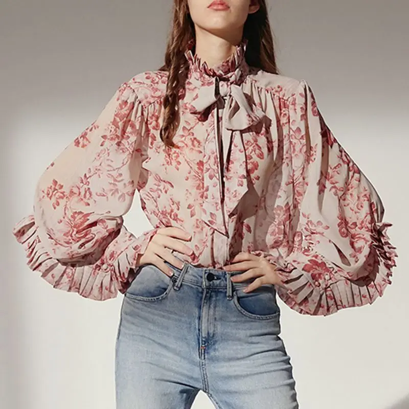

2019 Fashion Casual Print Tops Female Bowknot Lace Up Turtleneck Lantern Long Sleeve Shirts Blouse
