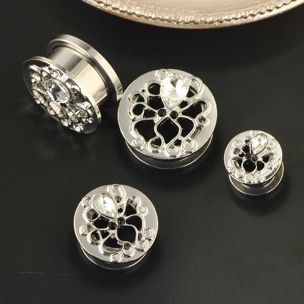 JunlowPY Surgical Steel Double Flared Screw Tunnel Rose Anodized Saddle Stretcher Ear Plugs Single Crystal Earring Piercing