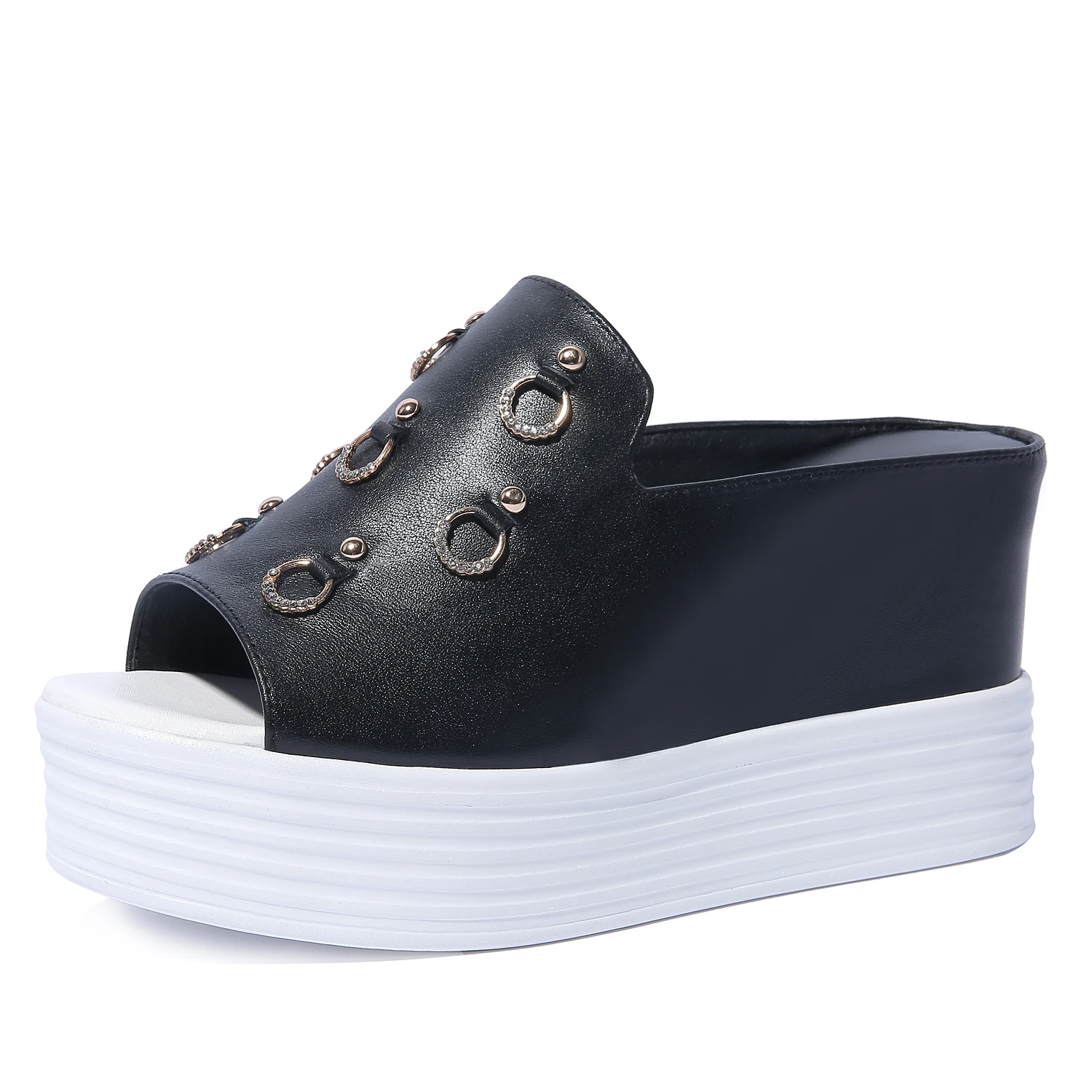 

Spring and summer natural leather women's slippers inner height slippers sandals cowhide women's shoes size 34-40