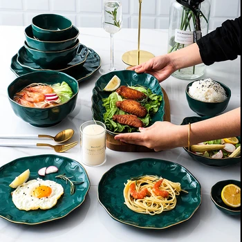 

Bowls and dishes set household personalized creative combination Nordic Internet celebrity Green Phnom Penh ceramic tableware