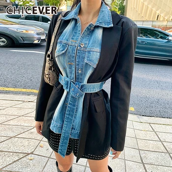 

CHICEVER Patchwork Denim Hit Color Jacket Women Notched Long Sleeve High Waist Lace Up Tunic Blazer Female 2020 Fashion Clothes