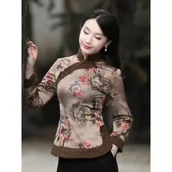 Cheongsam Women Plus Size Short Dadded Jackets 2021 Winter Cotton Blend Cheongsam Prints Warm Retro Chinese qipao shirts Woman