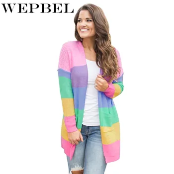 

WEPBEL Autumn Winter O-Neck Knitting Coat Sweater Women Casual Long Sleeve Knitted Cardigan Striped Print Rainbow Sweater