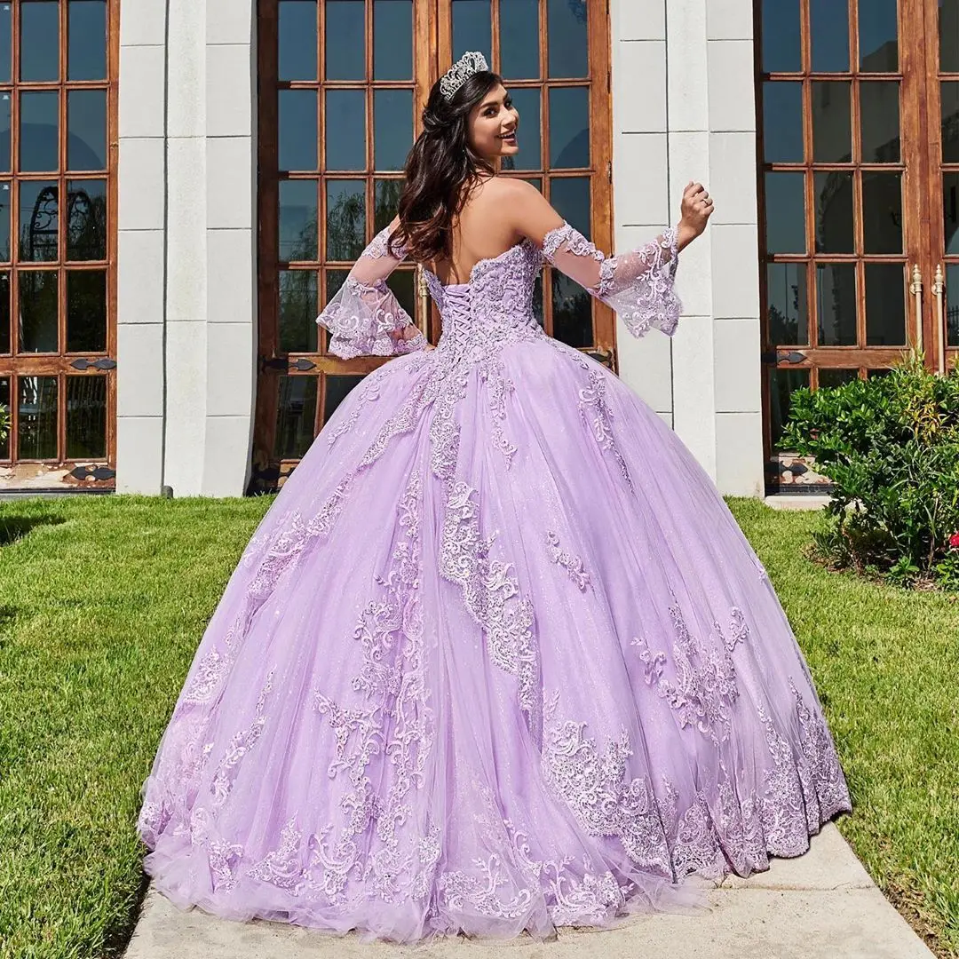 Лиловый Тюль vestidos de 15,, длинные рукава, пышное кружевное платье с аппликацией, бальное платье на бретелях, милое 15 платье, длинные платья для выпускного вечера