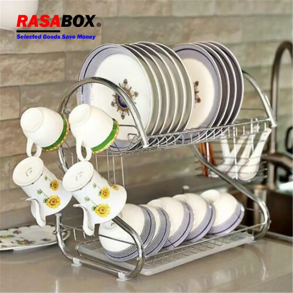 

RASABOX - Dish Racks, Large Capacity, 2 Tier, Dish Drainer Drying Rack, Kitchen Storage, Dish Drainer Drain Board Utensil Holder