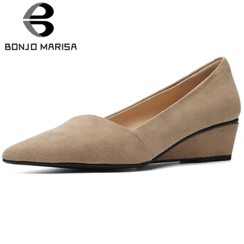 

BONJOMARISA Brand Female Kid Suede Pumps Pointed Toe Shallow Slip On Wedges Pumps Women Elegant Office Casual Shoes Woman
