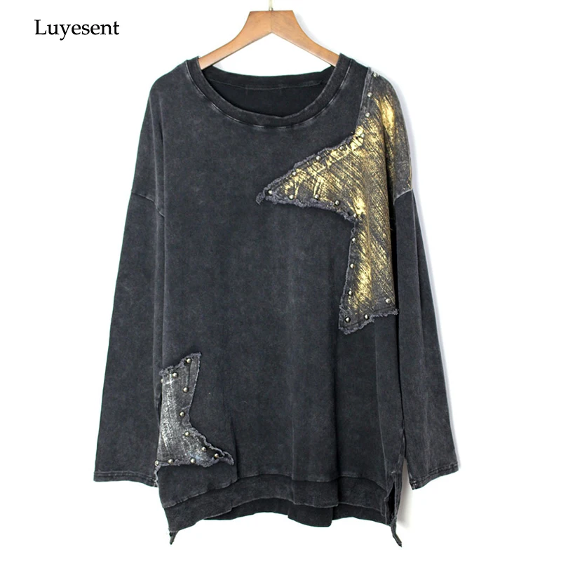 Black Punk Women Washed Loose T-shirt 2020 Lady Cool Rivet Star Patchwork Hipster Outdoor Harajuku Tshirt Hip-hop Rock Long Top