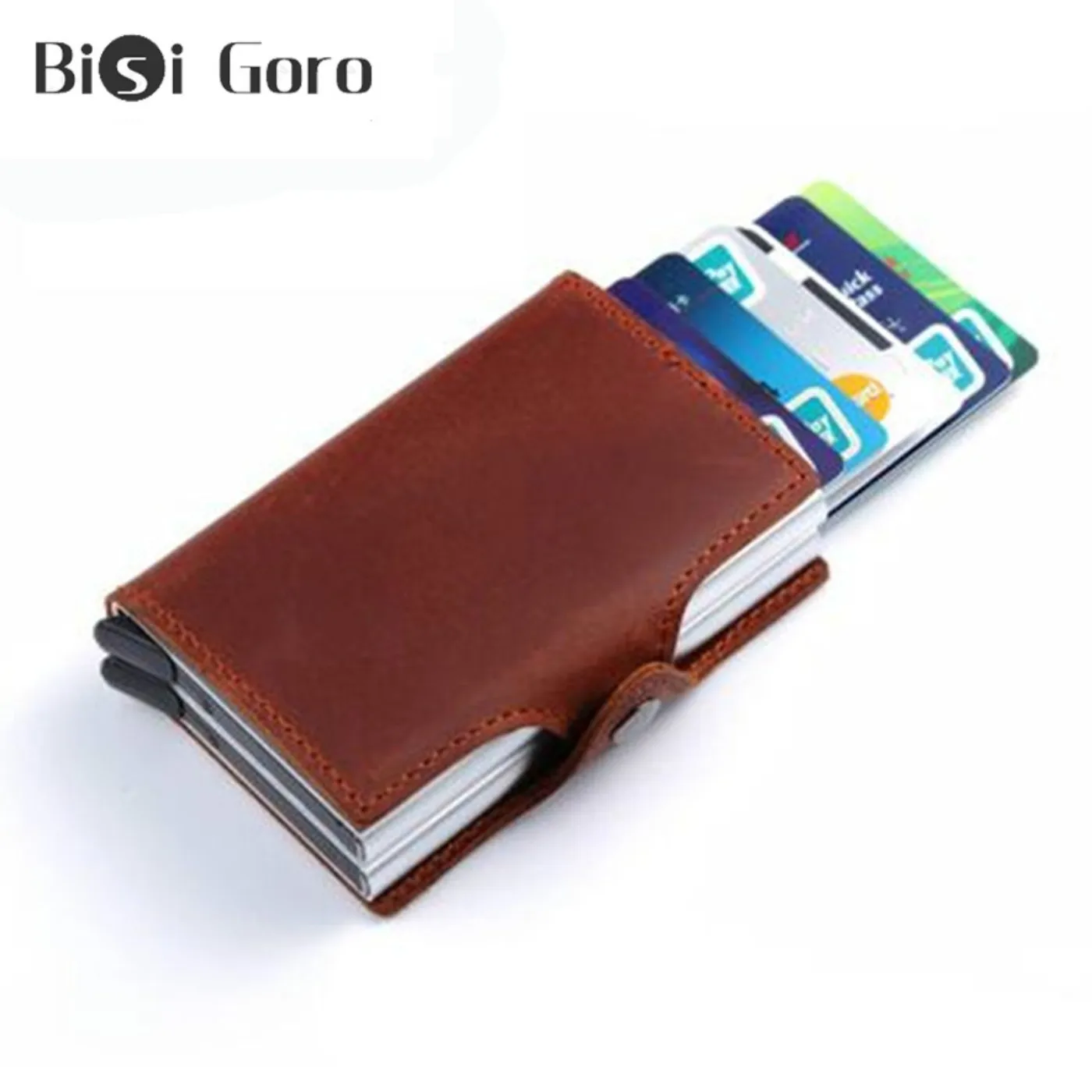 

BISI GORO Genuine Leather RFID Smart Wallet Credit Card Holder Aluminum Double Box Vintage Crazy Horse Leather Small Card Wallet