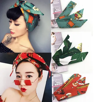 

Vintage Women's Printed Rabbit Ear Bow Wire Wide Headband Stretch Hair Bands Girls Head Wrap Band Bandanas Hair Accessories