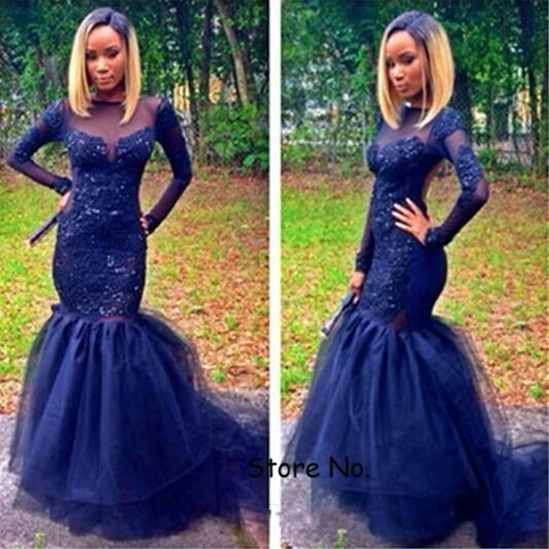 

Sexy Dark Navy Blue Long Lace Mermaid Backless Evening Dresses Sequin Tulle Formal Evening Gowns Dresses robe de soiree
