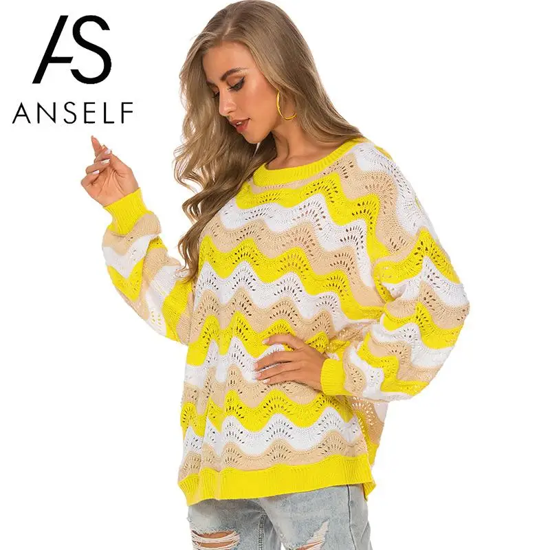 ANSELF 2019 осенние Джемперы женский свитер в цветных блоках Полосатый Сращивание выдалбливают выпадение Плеча Длинный рукав объемный пуловер