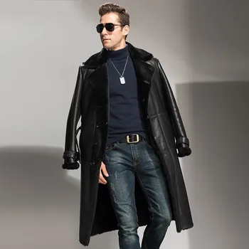 

Winter men's long coat sheepskin leather wool lining above simple button military belt leather coat large