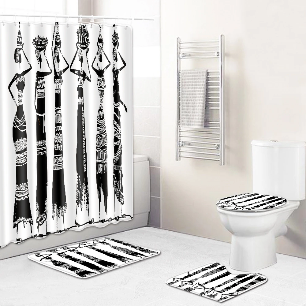 Black White 3d Printed African Woman Shower Curtain Set Afro American Lady Bathroom Decor Non Slip Rug Toilet Lid Cover Bath Mat Shower Curtains Aliexpress