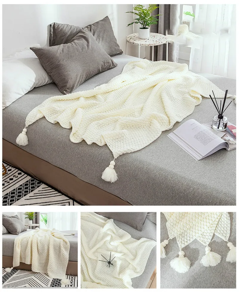 Cilected Cotton Knit Blanket 130X170CM Comfortable Warm Solid Color Four Corner Tassel Air Conditioning Blanket Sofa Nap Blanket