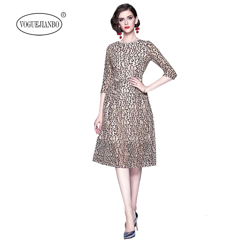 2020Spring new leopard lace dress high quality round neck cropped lace dress vestido mujer robe femme robe sexy robe hiver femme