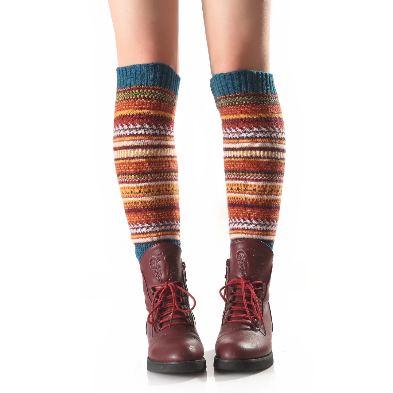 Womens European And American Autumn Winter Stripes Bohemian Style Warm Leggings Knee Length Knitted Leg Warmers One Size