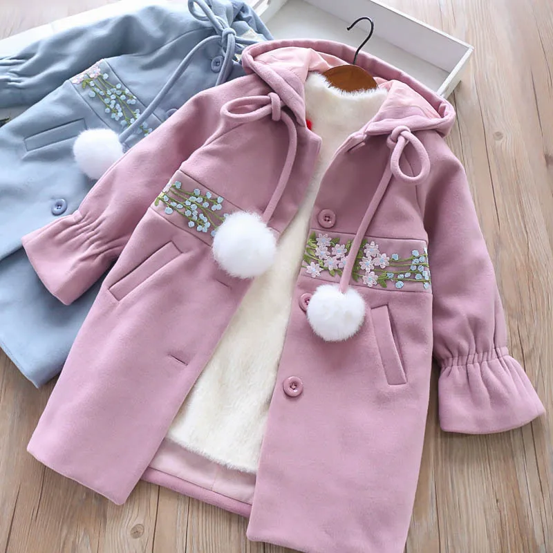 

325665 505 Duffle Coat 2 Colors Girls Hooded Furry Ball Lace-up Waist Flower Padded CHILDREN'S Jacket Wholesale