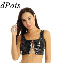 Женский черный эротический топ на бретелях, женский кожаный топ на шнуровке с цепочкой спереди, Короткие топы, бюстье, рубашка