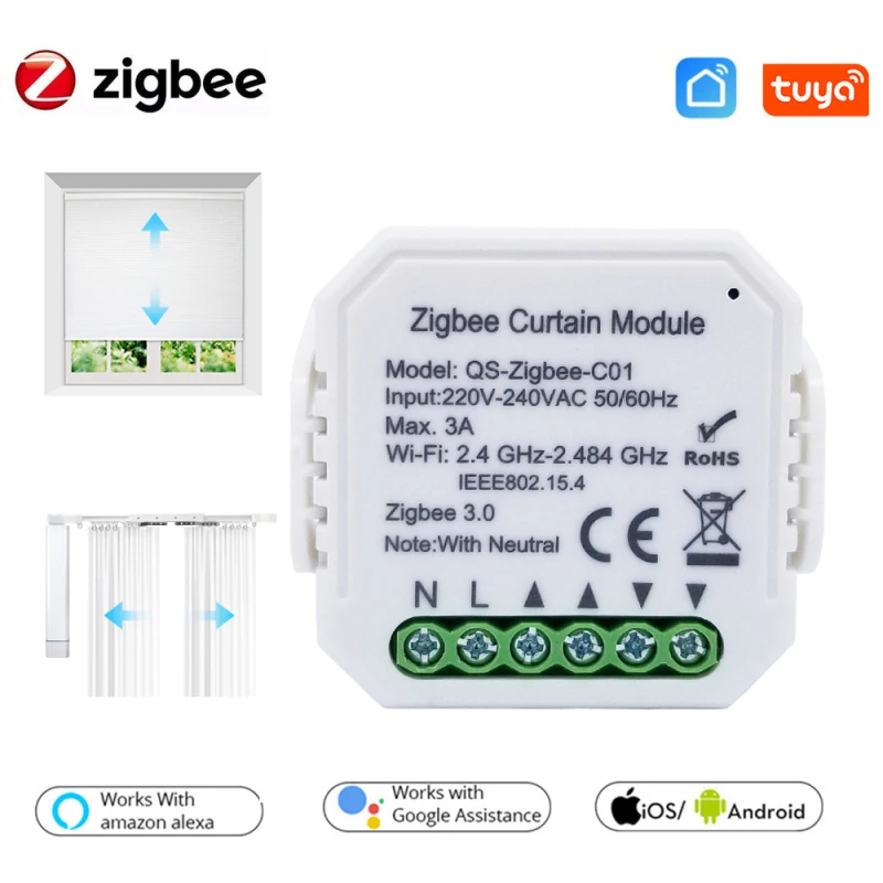 Модуль переключателя для штор Tuya Smart Life Zigbee мотора потайной шторы с роликовым